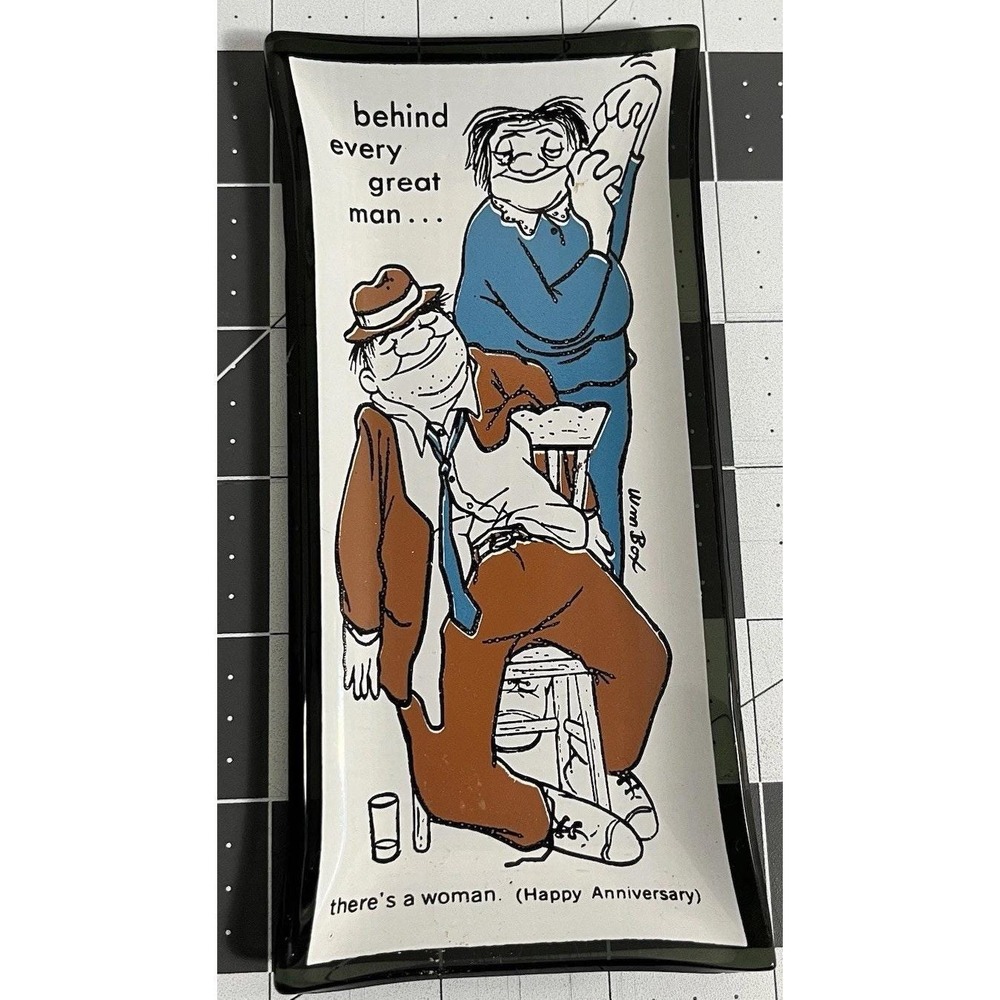 Vtg MCM Houze Art "Happy Anniversary" Smoke Glass Tray Funny Drunk Old Man 6"x3"